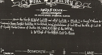 Plat of survey for the home of Northfielders Joan and Bill Frazier on Bosworth Lane, part of the George F. Nixon and Company’s 1927 Home Budget Addition for Northfield.