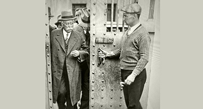 Insull was put on trial in Chicago in 1934 and was found not guilty. Here he is at the Cook County jail before he was acquitted. Northfielders who invested in his securities just wanted their money back, but they were never repaid.